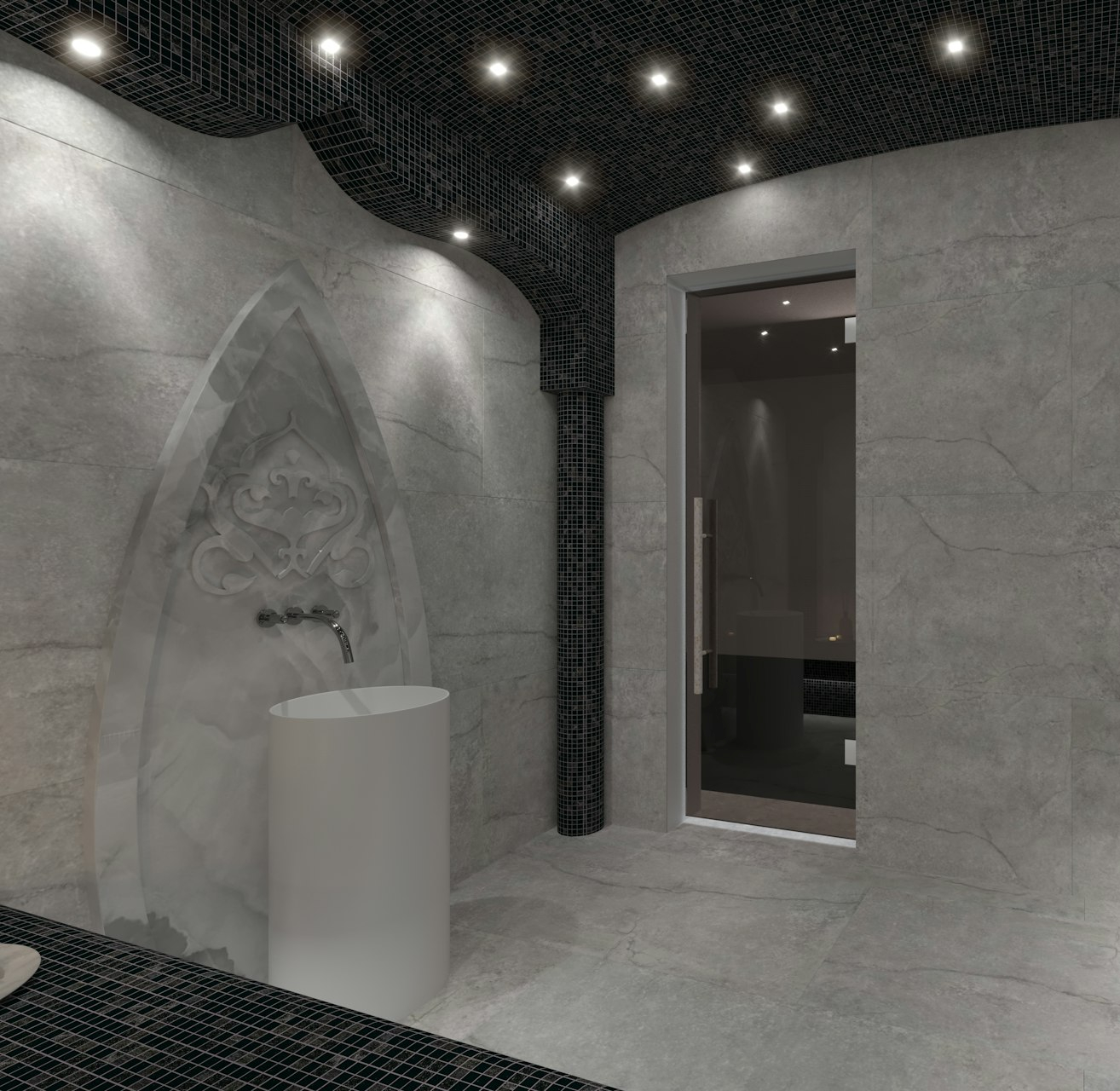a bathroom with a sink and a mirror